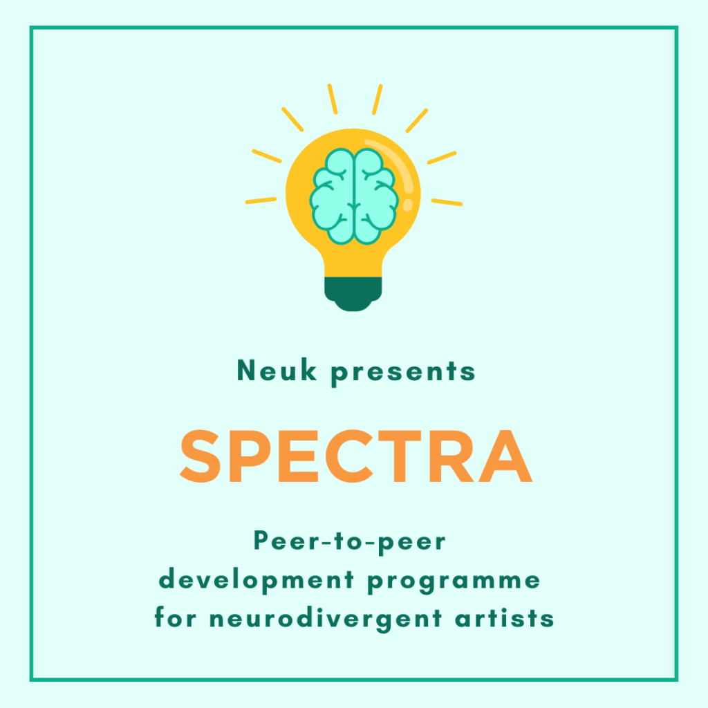 Graphic with a brain inside a lightbulb, in jade green and orange. Text reads "Spectra peer-to-peer development programme".