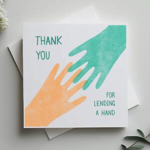 Square white card on a neutral background. The card reads "thank you for lending a hand" and has a stamped image of an orange and green hand reaching to one another.
