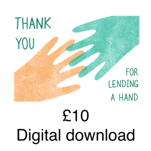 Square white graphic with a stamped image of a green hand and orange hand reaching towards one another, with the text "Thank you for lending a hand". Text beneath that reads "digital download"