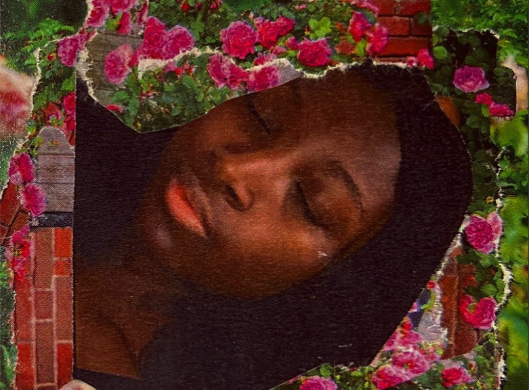 Collage of a young black woman's face, lying on a bed of roses, with a brick wall over her like a blanket.