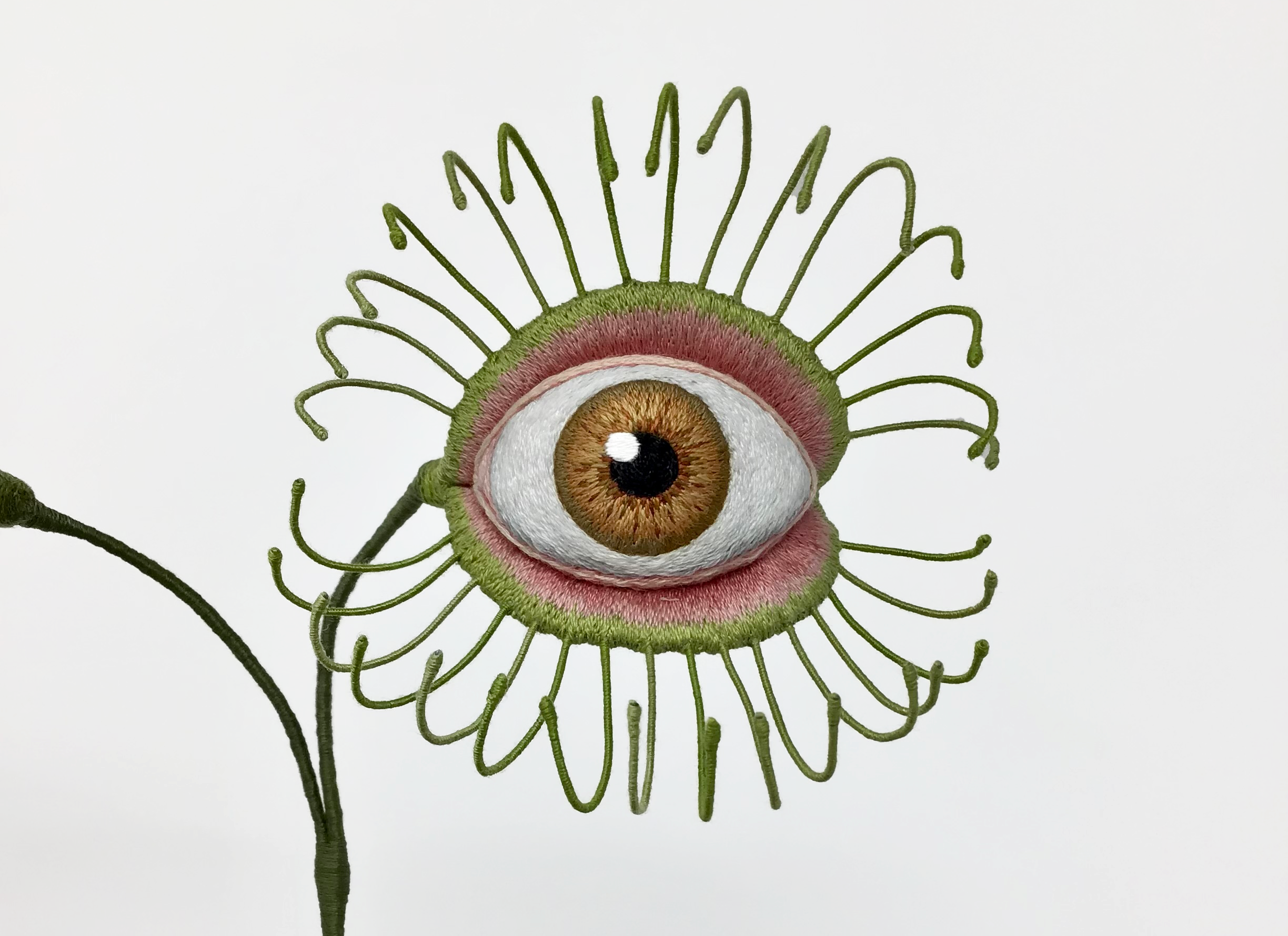 Embroidered soft sculpture of a plant that looks like a venus fly trap, but there is a human eye in the mouth of the plant.