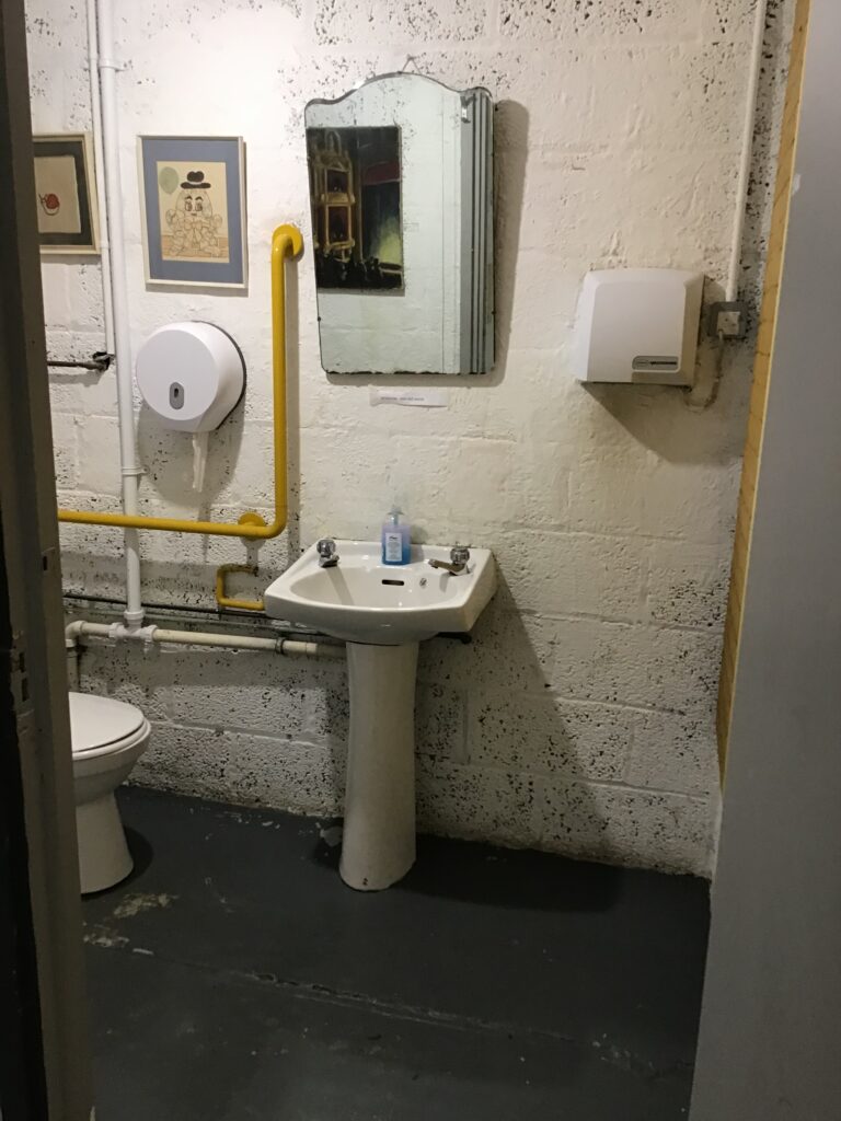 a large toilet cubicle showing the sink