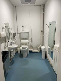 A disabled toilet, with the sink on the left and a transfer space on the right