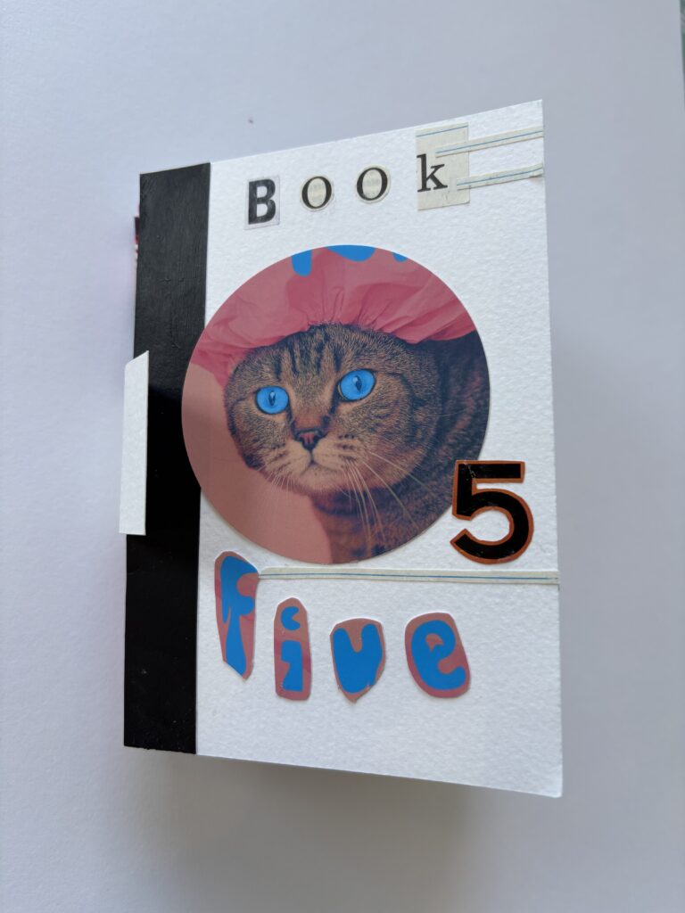 A hand-bound book. The cover is collaged. There is a black band running vertically along the left edge of the cover. There is a circle cut out from a postcard, which shows a blue-eyed tabby cat on a pink background. The cat looks a bit confused and is wearing a shower cap. The title reads "Book Five (5)"