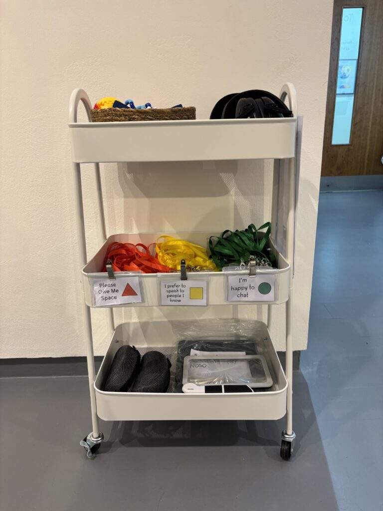 a small, 3-tiered trolley on wheels. It if full of access equipment.