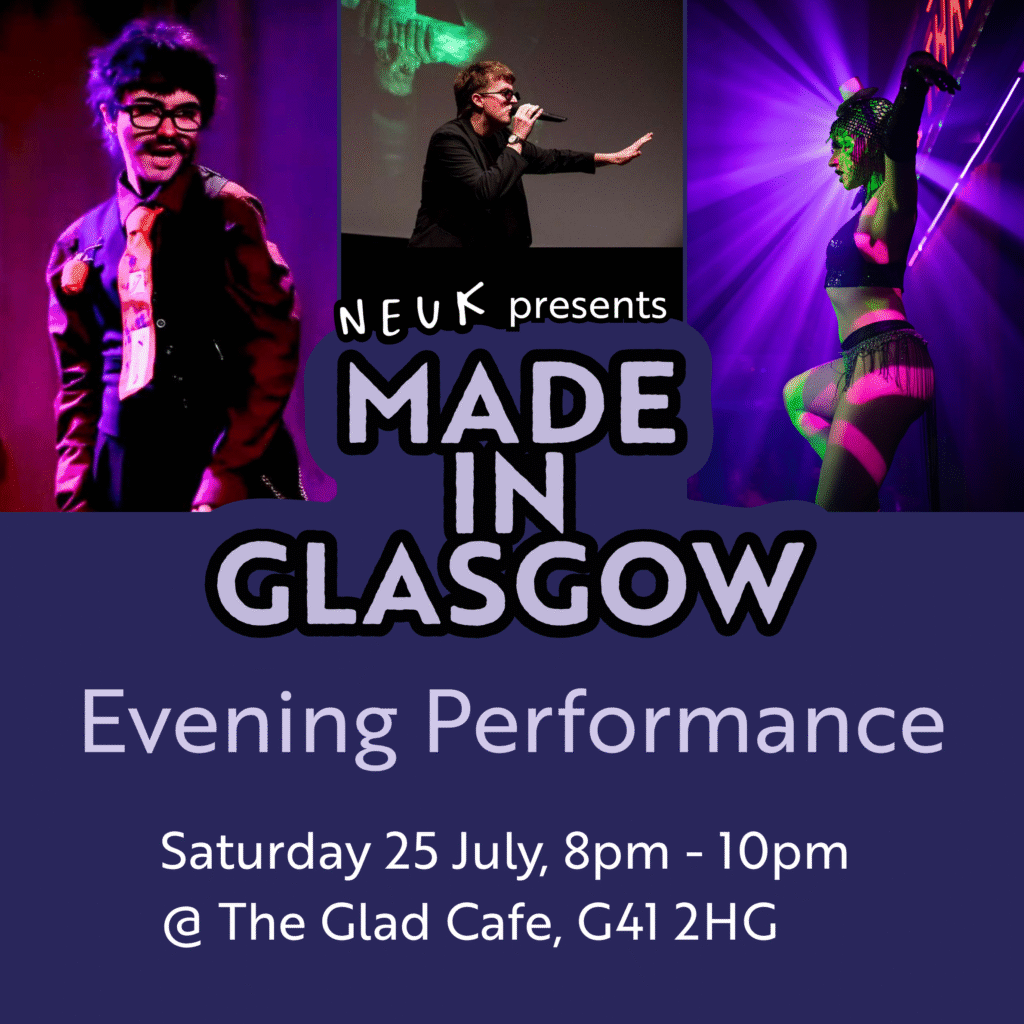 Graphic with "Made in Glasgow" in purple. There are photos of cabaret performers